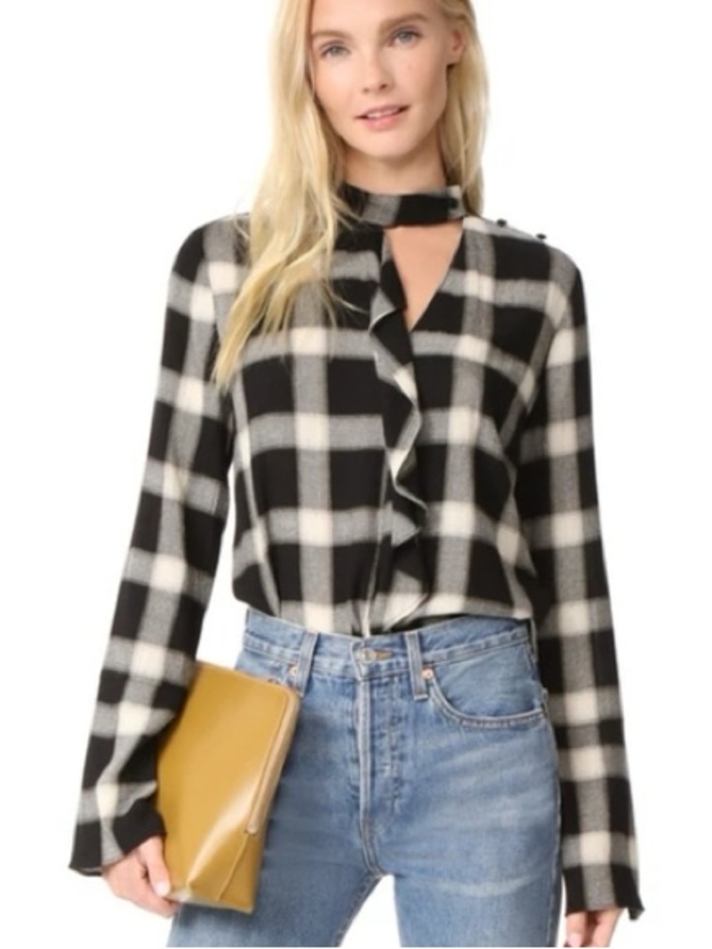 Derek Lam 10 Crosby Black Cream Fall Plaid Cascade Ruffle Choker Blouse | Size 4